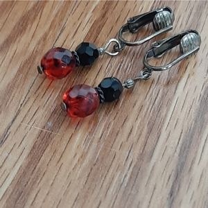 Beautiful silver, red and black beaded clip on earrings 1.5"